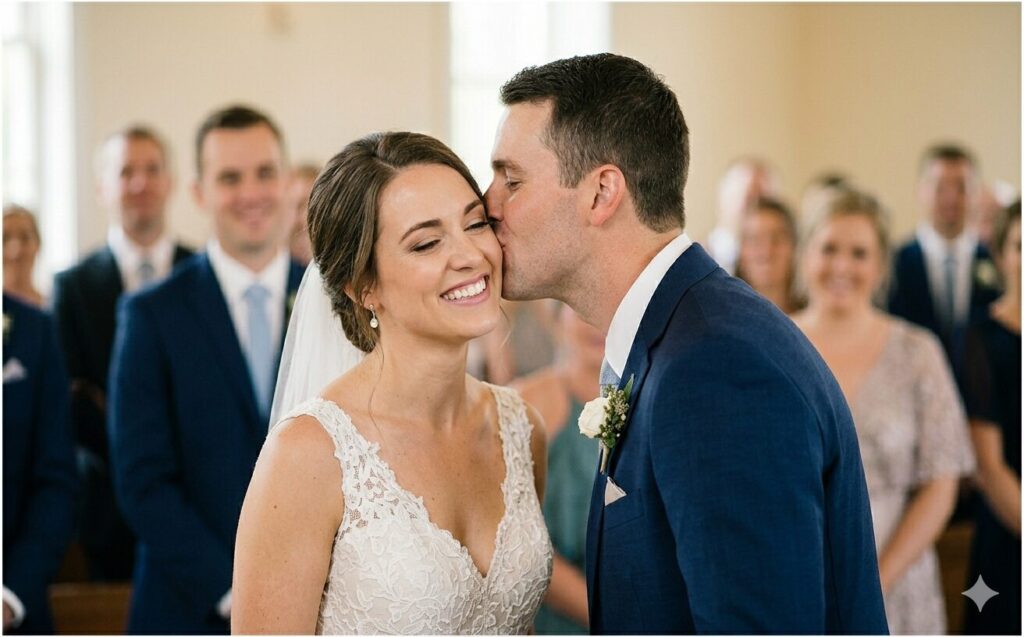 結婚式の誓いのキスを頬にする様子