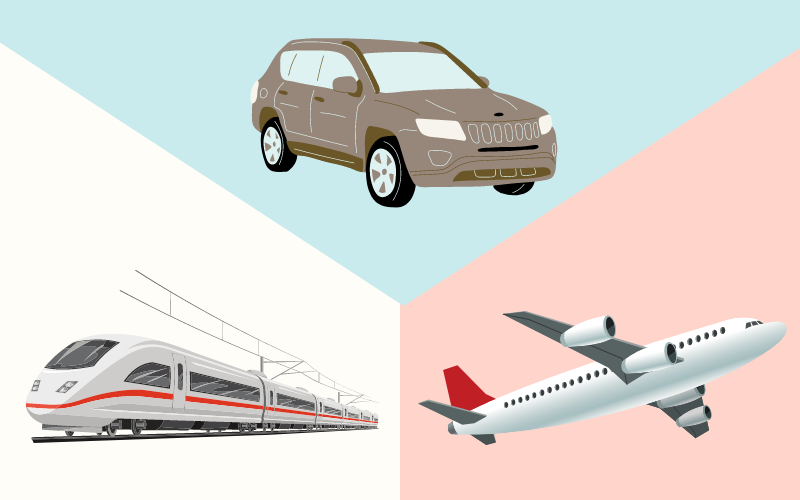 車と新幹線と飛行機の図