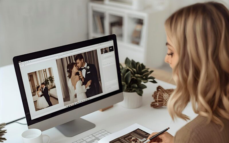 結婚式アルバムを編集する女性